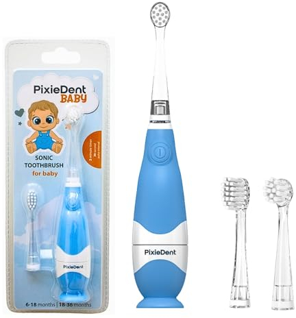 PixieDent Elektrische zahnbürste für Kinder Schallzahnbürste ultraschall mit 2 ersatzbürsten und 2 Modi Timer Zeitschaltuhr Sanfte Borsten LED Kinderzahnbürste von 0-3 Jahre (Blau, Baby)