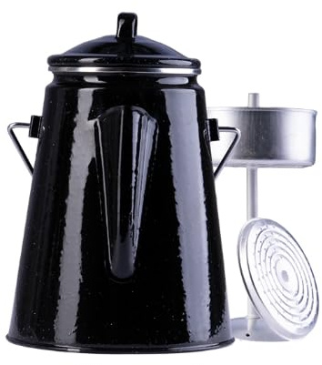 Caffettiera smaltata con percolatore per 12 tazze (2 ltr) bollitore smaltato nero o blu + 2 cucchiaini da caffè gratis campeggio caffè in viaggio compatto (nero con macchie bianche)