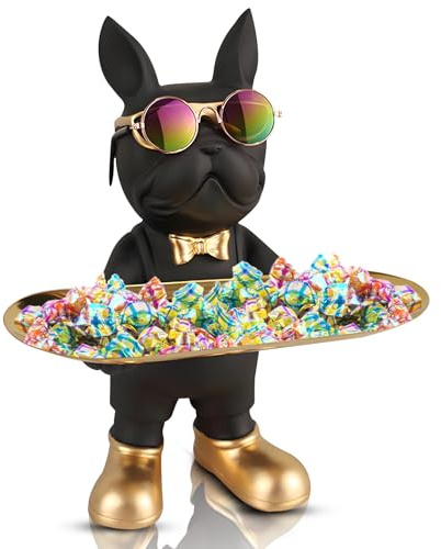 French Bulldog Statue,Resin Bulldog Decor with Tray, Candy Dish Key Holder Bowl Storage Ornament Sculpture for Home Decor,Accessories for Office Desk Figurines Entryway Table Decor (Standing,Black)