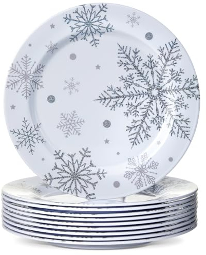 Ziliny 10 Pcs Christmas Snowflake Plates Silver White Snowflake Winter Dinner Salad Plates for Adult Christmas Birthday Winter Party Supplies(8 Inch)