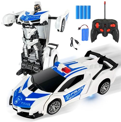 KutaKuta Transforming Police Car, 2 in 1 Remote Control Cars Police Cars Toy with LED Light & 360° Rotation, Transforming Remote Control Car Toys Gifts for Teens
