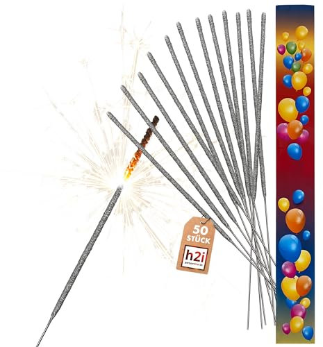 h2i Wunderkerzen | 50 Stück | 18 cm | Brenndauer ca. 35 Sek | Geburtstagskerzen Sprühkerze Spritzkerze Sternenspritzer und Funkenzauber für Party Hochzeit Silvester Geburtstag | c | Kat F1