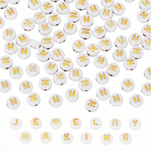 PATIKIL Perline Alfabeto, 100Pz Perline con Lettere Dorate, Ciondoli Acrilico per Braccialetti Amicizia, Creazione Gioielli, 4x7mm, Lettera N
