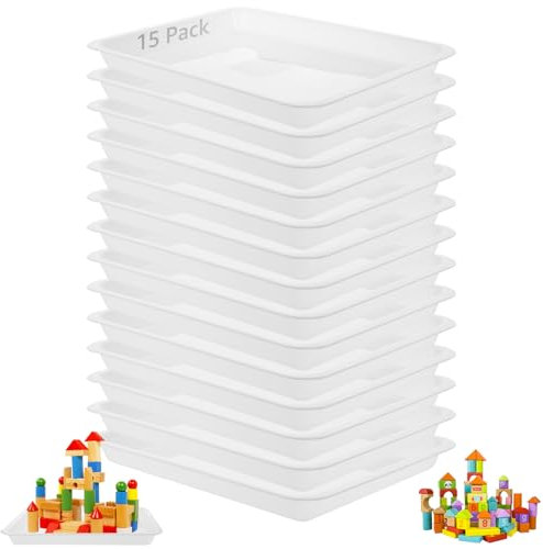 CYEER 15 vassoi in plastica 34 x 25 x 3 cm, vassoio rettangolare in plastica bianca, vassoio da portata riutilizzabile, piatti da portata per snack, cibo, biscotti, blocchi in legno