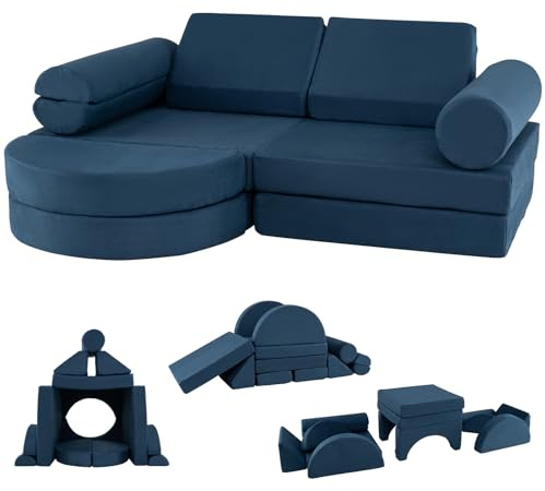 RELAX4LIFE Set di Divano Modulare 14 Pezzi per Bambini, Divano da Gioco con Imbottitura in Schiuma ad Alta Densità, Design Convertibile per Soggiorno, Stanza dei Giochi, 144x107x46CM (BLU)