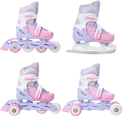 RAVEN 4in1 Inline Skates Triskates Rollschuhe Schlittschuhe Inliner für Kinder Mädchen verstellbar Geburtstag Geschenk (Loret Lila/Pink, 34-37 (21,5cm-24cm))
