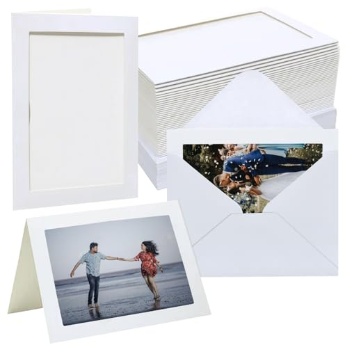 Meonua 100 Pack Photo Frame Cards with Envelopes 4x6 Paper Picture Frame Bulk Blank Photo Insert Cards for Wedding,Graduation,Mother's Day, Classroom DIY - White