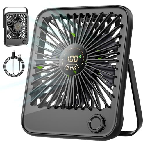 Dealswin Tischventilator Sehr Leise Stufenlos 1-100 Regler mit LED-Anzeige USB Ventilator Kleiner Tragbarer 3600mAh Akku Mini Ventilator für Schlafen, Büro, Heim, Im Freien, Küche, Reisen(Schwarz)