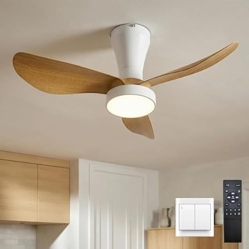 LJX 82cm Ventilateur de Plafond avec Lumière et Télécommande Silencieux DC Ventilateur Plafonnier écoénergétique Aspect Bois LED Dimmable Réversible pour Chambre Cuisine Salon, Blanc