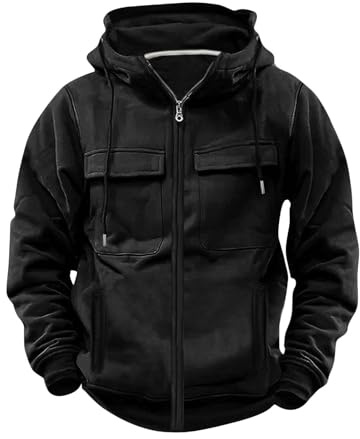 Mens Zipped Hoodie Jacket Oversized Fleece Sweatshirt Plain Cargo Pullover Long Sleeve Sweater Tactical Coat Loose Fit Drawstring Jumper Sweat Tops with Pockets Sports Leisure Activewear