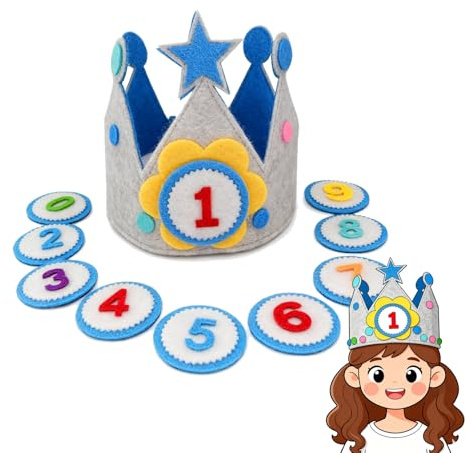 MFCGHXR Corona di compleanno bambini in tessuto 0-9 anni con numeri intercambiabili e fascia Buon Compleanno, 55.5x18cm, bianca con bordi dorati, adatta a feste e servizi fotografici