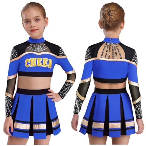 YiZYiF Girls' High School Cheer Leader Costume 2 Piece Crop Top Skirt Long Sleeve Stage Suit Cheerleading Uniform Blue 10 Years
