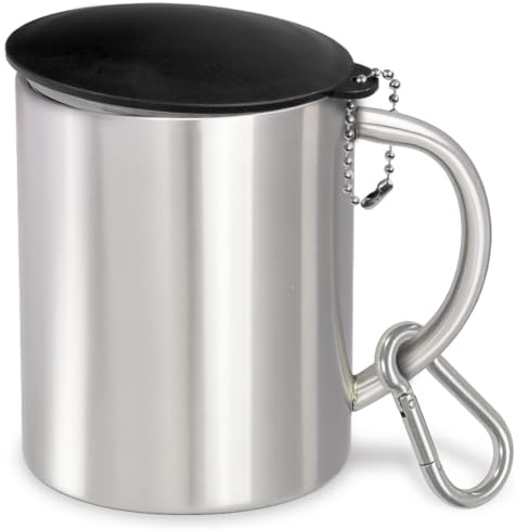 Edelstahlbecher groß mit 400ml Füllvolumen, optional mit Karabinerhaken und Deckel | Camping Geschirr | Metallbecher | Fasnetsbecher | Becher Karneval/Fasching | Silber mit Deckel und Karabiner