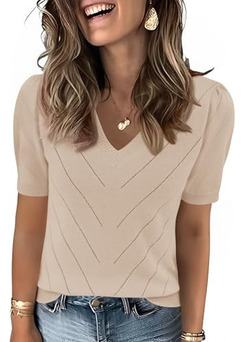 Rapbin Women's Jumpers UK Short Sleeve Tops Clothes Fashion V Neck Shirt Clothing Summer Spring Sweater Pullover Apricot L