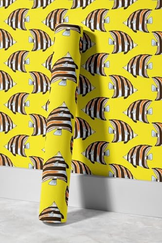EHOMERY Papier Peint Uni Rouleau Autocollant Dessin Animé Mignon Poisson Adhésif Vinyle Trompe L'Oeil Mural Papier Imperméable Et Résistant À L'Huile Pour Murs Cuisine 45x500cm