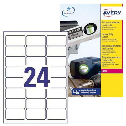 Avery Resistant, Printable, Heavy Duty Labels, Customisable, 63.5 x 33.9mm, White, 24 Labels per Sheet, 480 Labels per Pack (L4773-20)