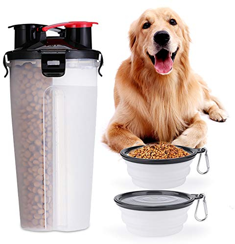 CHUER Tragbare Hund Trinkflasche und Futterflasche, 2-in-1 mit Faltbar Hunde Reisenapf (2er Set), Katzen Hunde Wasserflasche für Unterwegs, Wandern, Draussen, BPA Frei
