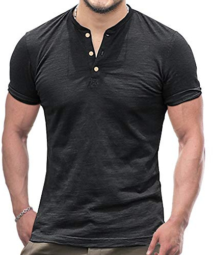 T-Shirt à Manches Courtes Henley Sport Chemise Coton de Dalle Muscle pour Homme Bouton Noir M