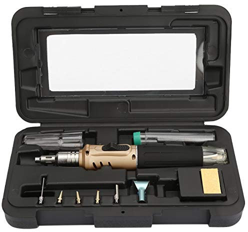 Gas Soldering Iron -10PCS HS-1115K Multi-function Butane Gas Soldering Iron Cordless Solder Welding Torch Kit(Gold)
