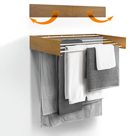 Urban Nouk Stendibiancheria - Montaggio a parete - Retrattile - Pieghevole per interni o esterni - Salvaspazio Design compatto e sottile (effetto legno, 100 cm)