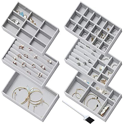 Nwvuop 6 Stück Schmucktablett Samt Stapelbar Schmuck aufbewahrung organizer fur Ring ohrringe ketten Schmucktablett für Schublade Grau
