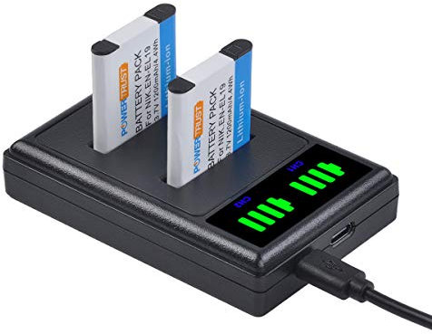 PowerTrust 2Pcs EN-EL19 Battery and Type-C Charger for Nikon Coolpix W150 A100 S33 S6900 S3700 S2800 S3600 S6800 S4400 S6600 S6500 S2700 S3200 S3300 S6400 S4200