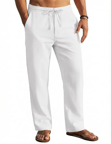 COOFANDY Men Linen Pants Regular Fit Casual Yoga Beach Pants Lightweight Cotton Trousers with Pockets White X-Large