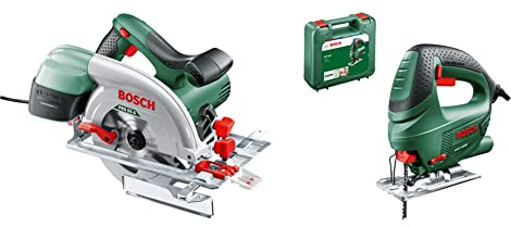 Scie circulaire filaire Bosch - PKS 55 A (1200W, livrée avec lame pour bois, butée Parallèle) & Scie Sauteuse Filaire Bosch - PST 650 (500 W, Livrée avec Coffret de Rangement et 1 Lame de Scie)