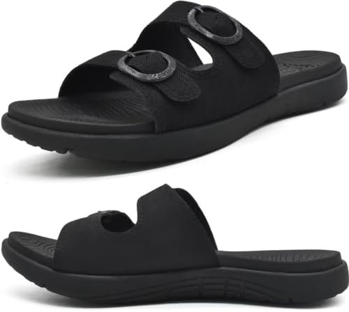 COFACE Sandalen Damen Orthopädische Comfortfüße Plantarfasziitis Arch Support Orthotic Slides Sandalen Sommer badelatschen Leicht Outdoorsandale Verstellbare Riemen Yoga fussbett,RSchwarz Größe 38.5