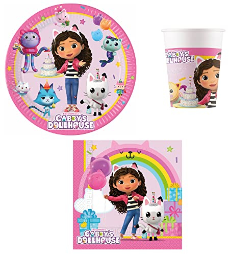 Procos PRO10245291DY - Set de fiesta S Gabby's Dollhouse, set de 52 piezas, platos, vasos, servilletas, vajilla desechable, juego de vajilla