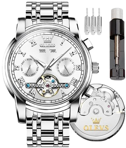 OLEVS Watches Men Automatic,Self Winding Skeleton Watches for Luxury Stainless Steel Watch with Date Mechanical Watches Waterproof Fashion for Men