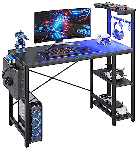 Bestier Computer Desk with Shelves Small Corner Desk with LED Lighting 113CM Reversible Computer Desk Writing Table with Side Pocket Storage Bag & Accessories Hanger for Home Office Small Space