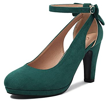 elerhythm Chaussures Mary Jane à talons avec arc rétro fermé, bout rond, en daim, sangle à la cheville, escarpins vintage Gatsby, vert, 41 EU