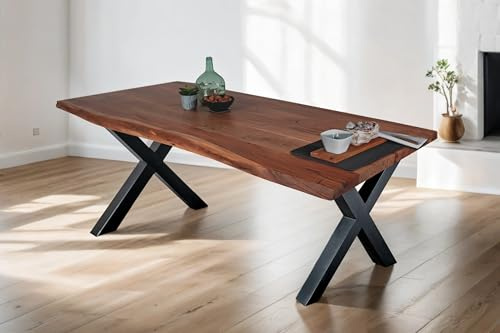 SAM Esstisch 120 x 80 cm Tomaso, Baumkantentisch nussbaumfarben, Akazienholz massiv, X-Gestell aus Metall Schwarz, echte Baumkante