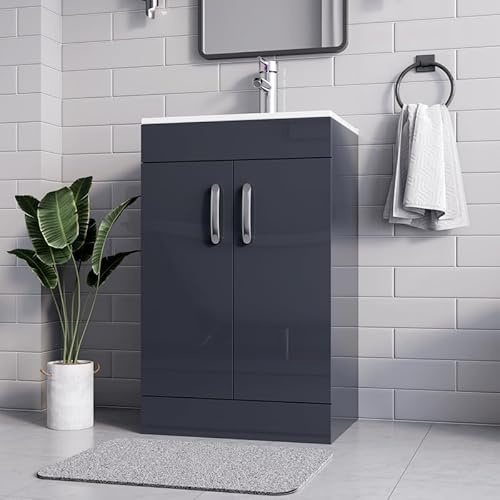 BELOFAY 500mm Floor Standing Bathroom Vanity Unit With Basin - Laquered Cloakroom Vanity Unit with 1 Tap Hole Ceramic Basin and Soft Close Hinges. (WASTE INCLUDED) (New York Grey)
