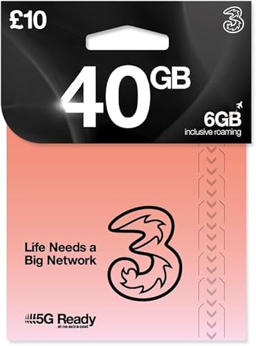 THREE pay as you go SIM Card UK - comes with 40 GB + Unltd Texts & Mins & ROAM FREE in over 70 destinations - - ROAMING ALLOWANCE 6GB