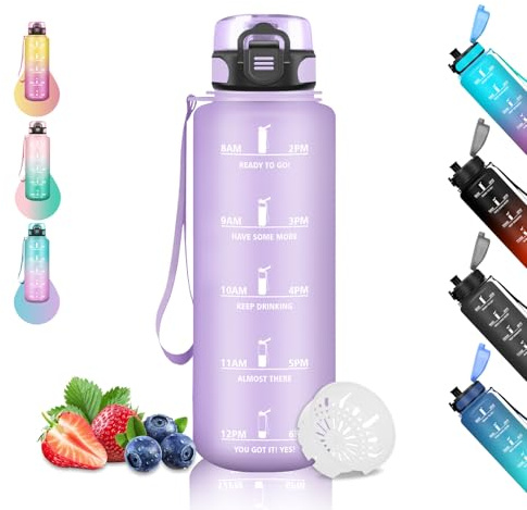 Gourde 1.5L, Gourde Sport avec Filtre, Gourd Motivation avec Marqueur de Temps, Gourdes de Camping et Randonnée, anti Fuite, Facile à Nettoyer, Gourd Adulte pour Running, Vélo, Musculation, Cámping