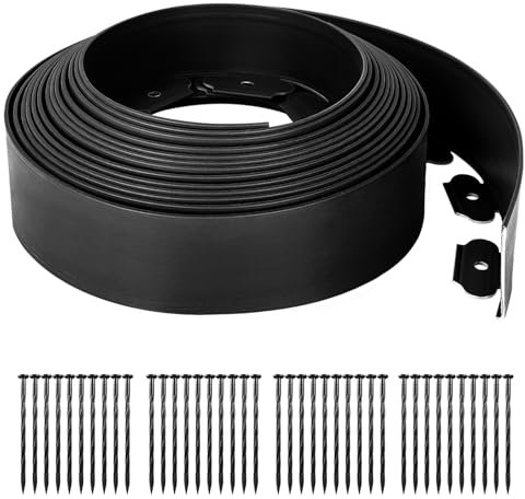 GROWNEER Garden Edging Border 32ft | 10M Long 10CM High Plastic Flexible Lawn Edging with 40pcs Strong Securing Pegs Landscape Dividers for Landscaping Garden Flower Beds(Black)