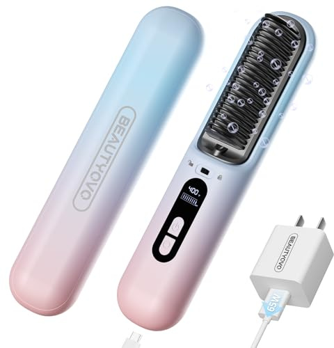 BEAUTYOVO Cordless Hair Straightener Brush - Dual Mode Portable Hair Straightening Brush for Travel, 30-Min Fast Charging & 6 Temp Settings, 300 Million Negative Ions Reduces Damage