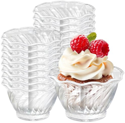 YFNVH 32 Pack Acrylic Dessert Bowls 6 oz/170 ml Clear Reusable Ice Cream Bowl Small Swirl Tulip Shape Cups for Sundae Salad Fruit Pudding Party Catering