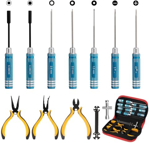 LALAGO Jeu de 12 Kit d'outils pour voiture télécommandée, tournevis hexagonal, pince, clé à douille, kit d'outils RC pour voiture RC Traxxas Arrma, drone, avion, hélicoptère, véhicule multirotor