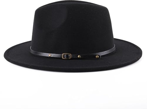 OHEETU Wine Red Women Fedora Hat with Belt Buckle, Wide Brim Casual Panama Hat for Travel, Breathable Cotton Polyester (Black)