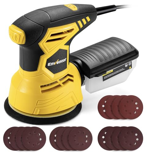 Enventor Lijadora Madera 300W, Lijadora Orbital Electrica con 6 Velocidades Variables, 6000-13000RPM, 125MM, 16PCS (80, 120, 180, 240 Grit), Lijadora Electrica para Madera y Acero