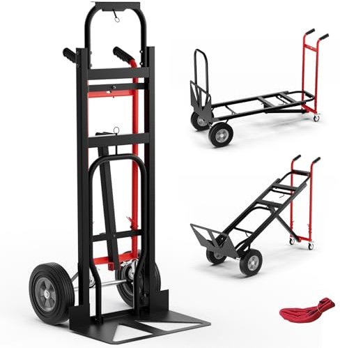 COSTWAY Säckkärra 3-i-1 Handkärra Konvertibel Transportkärra med 4 Gummidäck och Bindningsrep, Stark Metallram för 360 kg Upprätt och 450 kg Platt Last, Smidig för Lager Garage Flyttning
