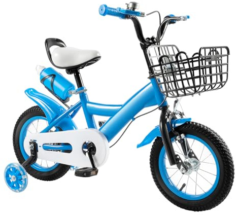 QTREIDG Vélo pour enfant de 12 pouces avec selle réglable, guidon et frein à rétropédalage, 2 à 4 ans, avec panier, gourde, garde-boue, roues stabilisatrices, jusqu'à 40 kg (bleu)