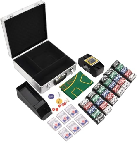 LoogCape Pokerchips-set 600 stycken med aluminiumfodral, inklusive spelkort, dealer-knapp, kub, spelmatta, för Texas Holdem, Blackjack, Roulette, fest, turnering, brädspel i DE