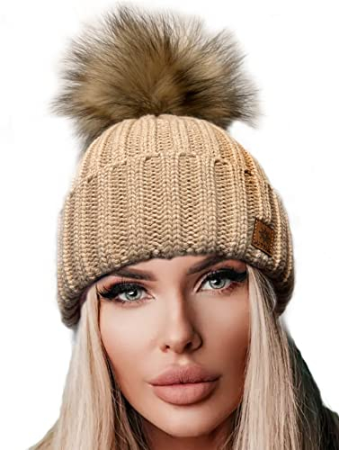 4sold Damen Winter Strickmütze – warme Beanie mit Kunstfell-Bommel – handgefertigt in Polen, italienisches Acryl, weich & atmungsaktiv, viele Farben, One Size