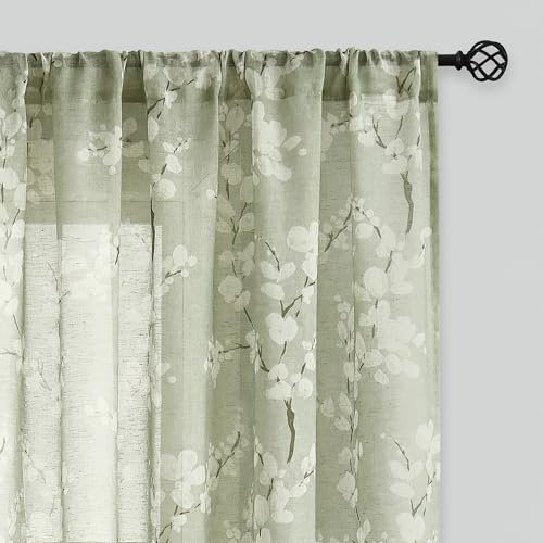FMFUNCTEX Linen Sheer Curtains for Bedroom, Sage Green Blossom Print Curtains 84 Inches Long for Living Room,Floral Patterned Farmhouse Curtain Light Filtering Window Drapes 2 Panels, Rod Pocket