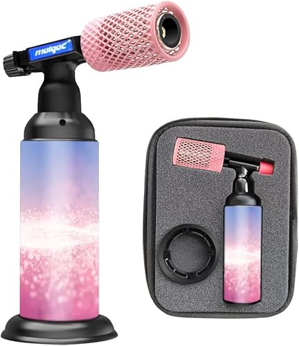 HOSECES Pink Butane Torch Lighter with Anti-Burn Stainless Steel Cover,Refillable Kitchen Gas Butane Blow Torch,Adjustable Flame Guard for BBQ, Camping(Gas Not Included) (Pink-Stainless Steel)