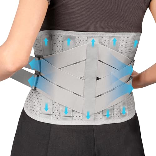 Rückenstützgürtel Herren und Damen mit 7 Metallstützen, Atmungsaktive Rückenbandage zur unteren Rücken, Rückengurt Rückenbandage für Skoliose & Ischias Schmerzlinderung (Grau, S-M)